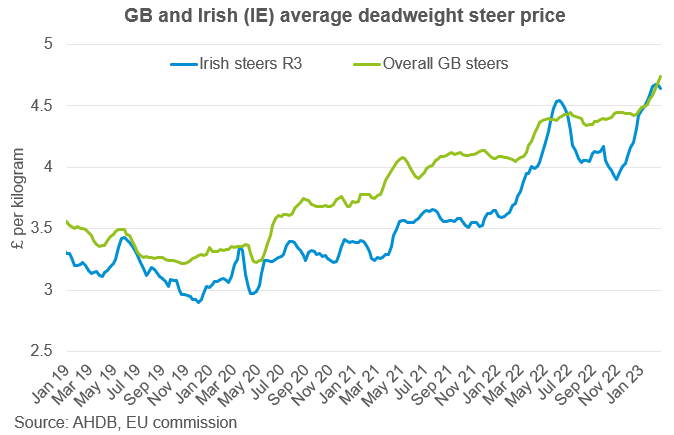 Graph showing the price difference between GB and Irish beef 